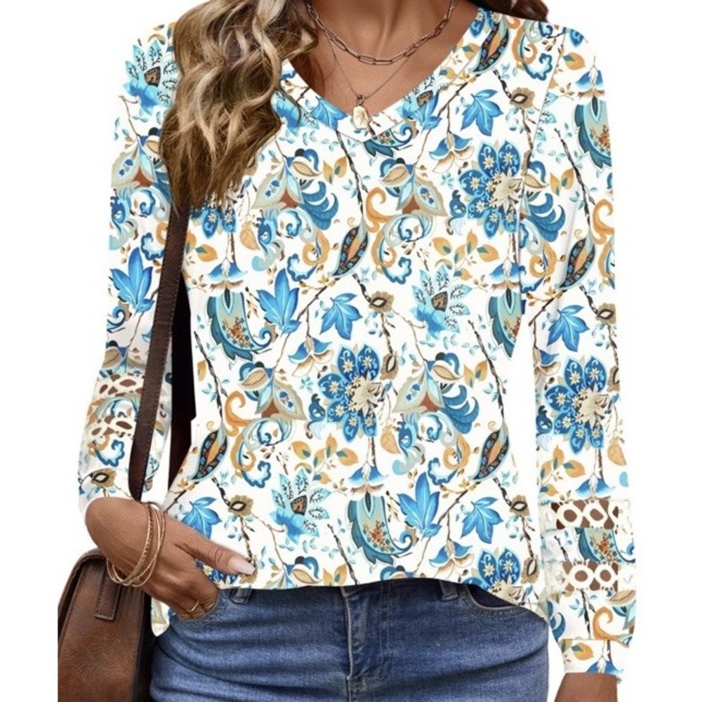 Long Sleeve Lace Floral Tops V‎ Neck  Blouse For Women Trendy Apricot Blue S